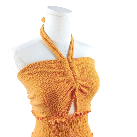 C&A Mustard Yellow Smocked Halter Crop Top With Ruffle Trim Size G (M/L) - Picture 4 of 7